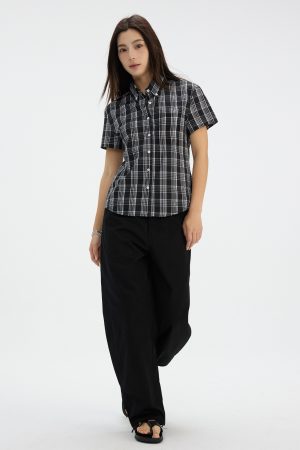 Plaid Slim-Fit Short Sleeve Shirt - American Vintage Casual Lightweight Summer Top for Men