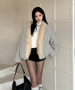 Plaid Splicing Eco-Friendly Fur Collar Warm Slim Cotton Coat for Winter - Spicy Girl Style