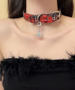 Plaid Star Chain Red Choker Collar Y2K Necklace - Cool Subculture Accessory for Trendy Girls