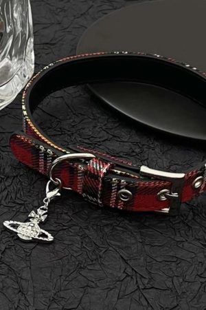 Plaid Star Chain Red Choker Collar Y2K Necklace - Cool Subculture Accessory for Trendy Girls