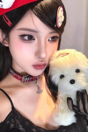 Plaid Star Chain Red Choker Collar Y2K Necklace - Cool Subculture Accessory for Trendy Girls