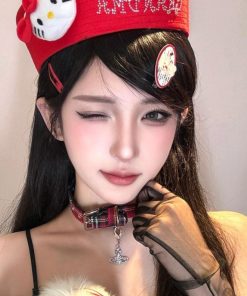 Plaid Star Chain Red Choker Collar Y2K Necklace - Cool Subculture Accessory for Trendy Girls