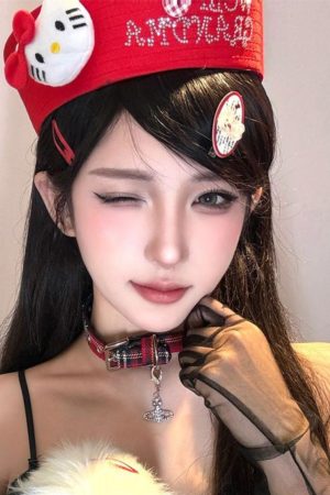 Plaid Star Chain Red Choker Collar Y2K Necklace - Cool Subculture Accessory for Trendy Girls