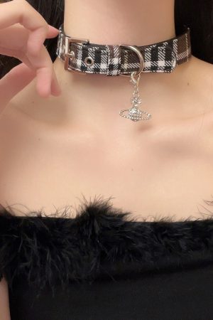 Plaid Star Chain Red Choker Collar Y2K Necklace - Cool Subculture Accessory for Trendy Girls