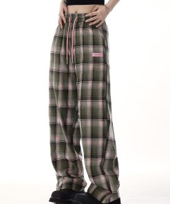 Plaid Wide-Leg Pants for Women - American Retro Casual Loose Straight-Leg Trendy Floor-Length Trousers