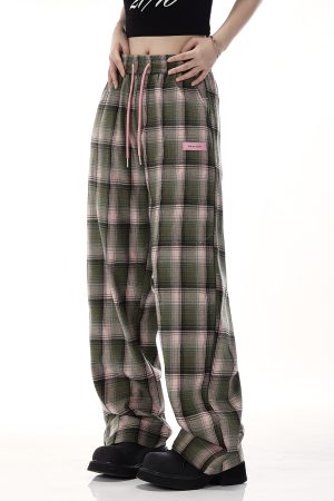 Plaid Wide-Leg Pants for Women - American Retro Casual Loose Straight-Leg Trendy Floor-Length Trousers