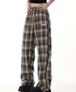 Plaid Wide-Leg Pants for Women - American Retro Casual Loose Straight-Leg Trendy Floor-Length Trousers