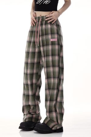 Plaid Wide-Leg Pants for Women - American Retro Casual Loose Straight-Leg Trendy Floor-Length Trousers