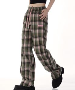 Plaid Wide-Leg Pants for Women - American Retro Casual Loose Straight-Leg Trendy Floor-Length Trousers