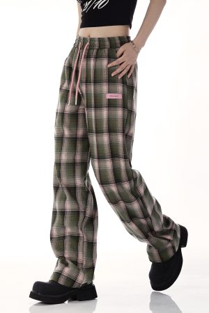 Plaid Wide-Leg Pants for Women - American Retro Casual Loose Straight-Leg Trendy Floor-Length Trousers
