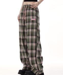 Plaid Wide-Leg Pants for Women - American Retro Casual Loose Straight-Leg Trendy Floor-Length Trousers