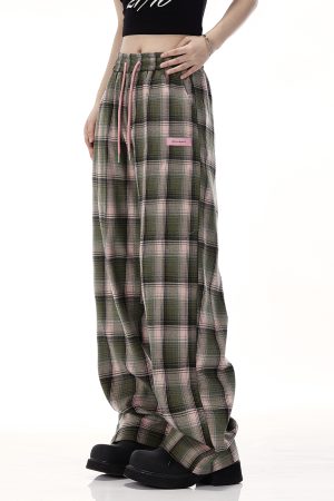 Plaid Wide-Leg Pants for Women - American Retro Casual Loose Straight-Leg Trendy Floor-Length Trousers