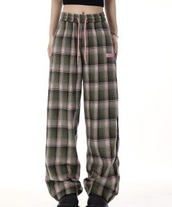 Plaid Wide-Leg Pants for Women - American Retro Casual Loose Straight-Leg Trendy Floor-Length Trousers