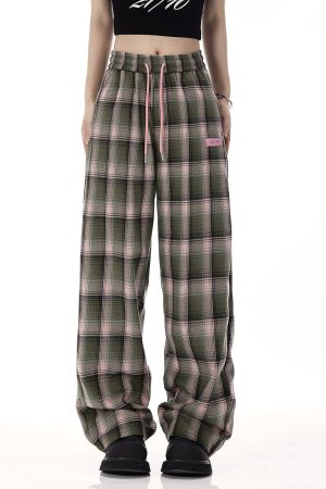 Plaid Wide-Leg Pants for Women - American Retro Casual Loose Straight-Leg Trendy Floor-Length Trousers