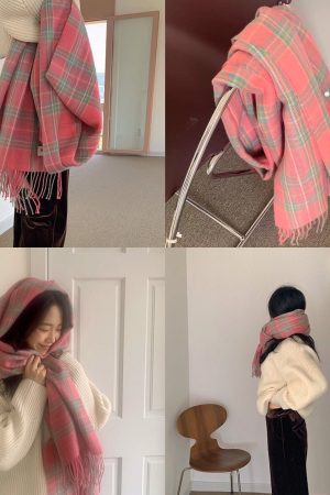 Plaid Wool Blend Scarf in Soft Candy Strawberry - IAC Korean Style Fashion Accessory