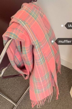 Plaid Wool Blend Scarf in Soft Candy Strawberry - IAC Korean Style Fashion Accessory