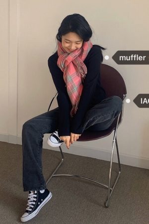 Plaid Wool Blend Scarf in Soft Candy Strawberry - IAC Korean Style Fashion Accessory