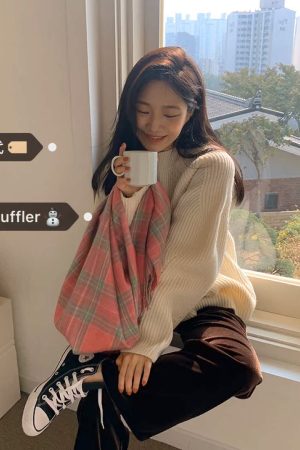 Plaid Wool Blend Scarf in Soft Candy Strawberry - IAC Korean Style Fashion Accessory