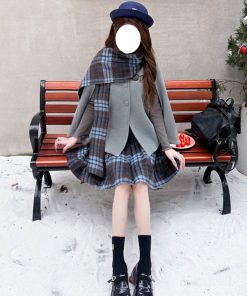 Plaid Woolen Cloak Set with Scarf and Collar - Autumn Winter JK Uniform Inspired Fashion Cape in Blue