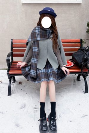 Plaid Woolen Cloak Set with Scarf and Collar - Autumn Winter JK Uniform Inspired Fashion Cape in Blue