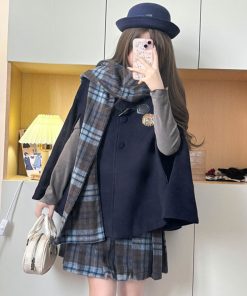 Plaid Woolen Cloak Set with Scarf and Collar - Autumn Winter JK Uniform Inspired Fashion Cape in Blue