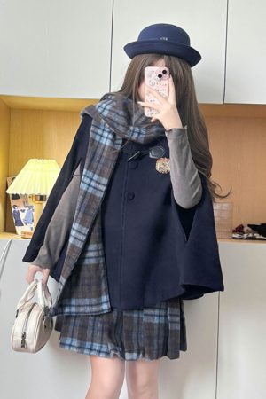 Plaid Woolen Cloak Set with Scarf and Collar - Autumn Winter JK Uniform Inspired Fashion Cape in Blue