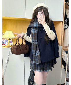 Plaid Woolen Cloak Set with Scarf and Collar - Autumn Winter JK Uniform Inspired Fashion Cape in Blue