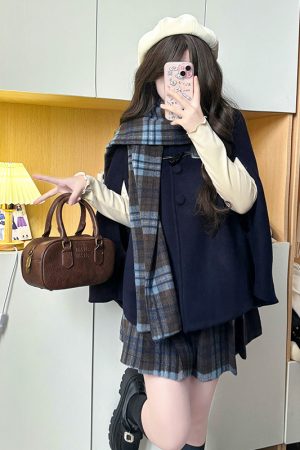 Plaid Woolen Cloak Set with Scarf and Collar - Autumn Winter JK Uniform Inspired Fashion Cape in Blue