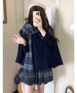 Plaid Woolen Cloak Set with Scarf and Collar - Autumn Winter JK Uniform Inspired Fashion Cape in Blue