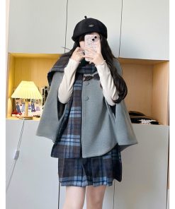 Plaid Woolen Cloak Set with Scarf and Collar - Autumn Winter JK Uniform Inspired Fashion Cape in Blue