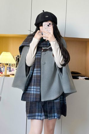 Plaid Woolen Cloak Set with Scarf and Collar - Autumn Winter JK Uniform Inspired Fashion Cape in Blue