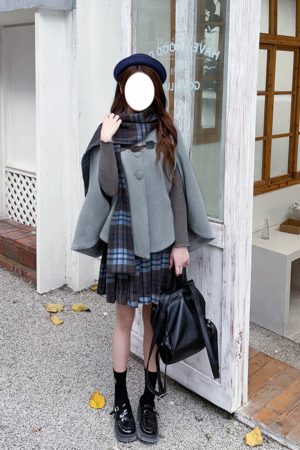 Plaid Woolen Cloak Set with Scarf and Collar - Autumn Winter JK Uniform Inspired Fashion Cape in Blue
