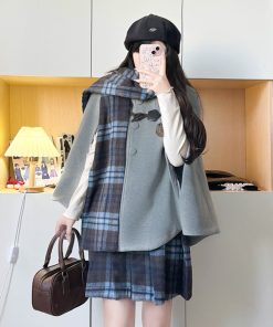 Plaid Woolen Cloak Set with Scarf and Collar - Autumn Winter JK Uniform Inspired Fashion Cape in Blue