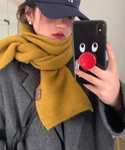 Plaid Yellow Knitted Scarf for Women - New Korean Style Winter 2025, Versatile Warm Shawl and Niche Neck Warmer for Students