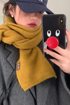 Plaid Yellow Knitted Scarf for Women - New Korean Style Winter 2025, Versatile Warm Shawl and Niche Neck Warmer for Students