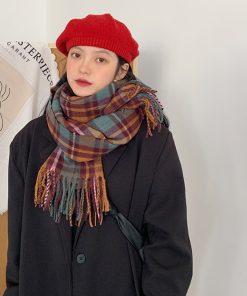 Plaid Yellow Knitted Scarf for Women - New Korean Style Winter 2025, Versatile Warm Shawl and Niche Neck Warmer for Students