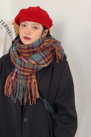 Plaid Yellow Knitted Scarf for Women - New Korean Style Winter 2025, Versatile Warm Shawl and Niche Neck Warmer for Students