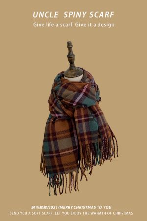 Plaid Yellow Knitted Scarf for Women - New Korean Style Winter 2025, Versatile Warm Shawl and Niche Neck Warmer for Students