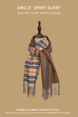 Plaid Yellow Knitted Scarf for Women - New Korean Style Winter 2025, Versatile Warm Shawl and Niche Neck Warmer for Students