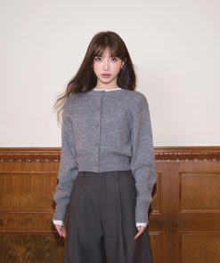 Plain Color Wool Blend Round Neck Knitted Cardigan Sweater Top for Women - Stylish Autumn Winter Short Jacket