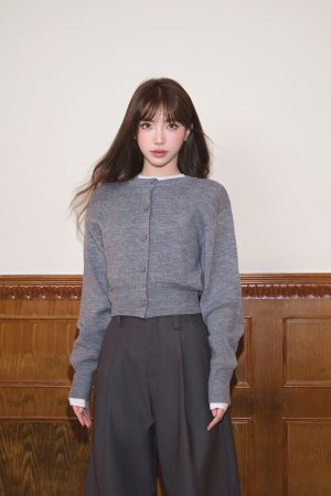Plain Color Wool Blend Round Neck Knitted Cardigan Sweater Top for Women - Stylish Autumn Winter Short Jacket