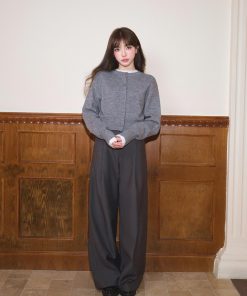 Plain Color Wool Blend Round Neck Knitted Cardigan Sweater Top for Women - Stylish Autumn Winter Short Jacket