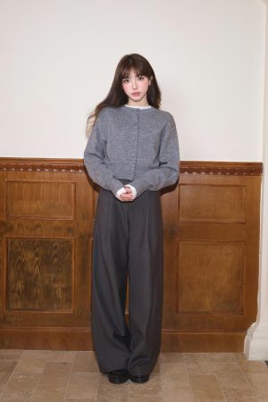 Plain Color Wool Blend Round Neck Knitted Cardigan Sweater Top for Women - Stylish Autumn Winter Short Jacket