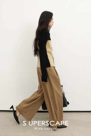 Plain High-Waist Woolen Double-Pleat Wide-Leg Loose-Fitting Long Pants for Effortless Style