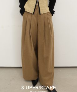 Plain High-Waist Woolen Double-Pleat Wide-Leg Loose-Fitting Long Pants for Effortless Style