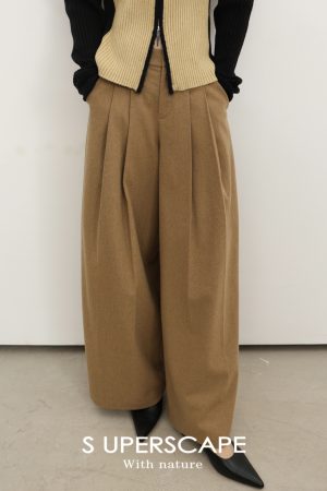 Plain High-Waist Woolen Double-Pleat Wide-Leg Loose-Fitting Long Pants for Effortless Style