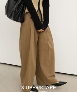 Plain High-Waist Woolen Double-Pleat Wide-Leg Loose-Fitting Long Pants for Effortless Style