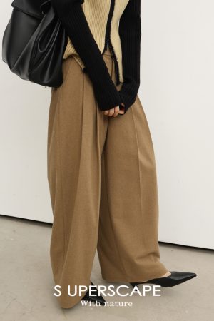 Plain High-Waist Woolen Double-Pleat Wide-Leg Loose-Fitting Long Pants for Effortless Style