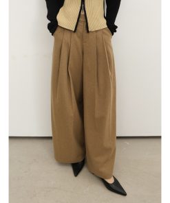 Plain High-Waist Woolen Double-Pleat Wide-Leg Loose-Fitting Long Pants for Effortless Style