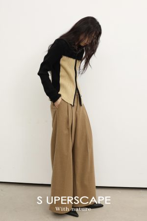 Plain High-Waist Woolen Double-Pleat Wide-Leg Loose-Fitting Long Pants for Effortless Style